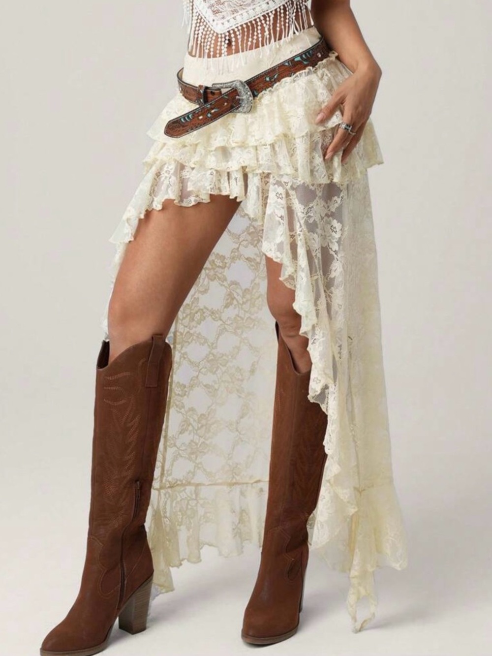 Lace High-Low Country Cowgirl Ruffle Maxi Festival Skirt